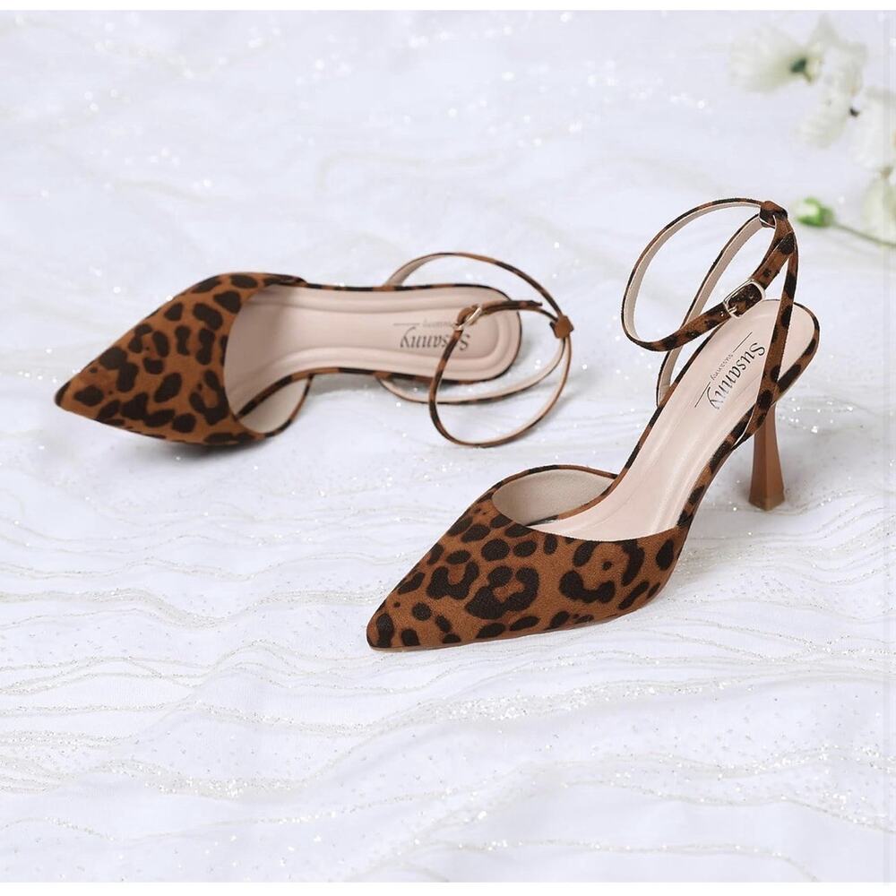 Closed Toe Ankle Strap Heels Pumps Pointed Toe Heeled Sandals Brown Leopard 7.5 - Picture 8 of 11